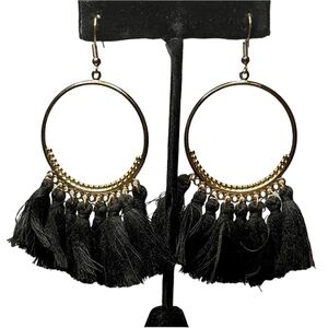 NWOT Black Fringe Fish Hook Hoop Earrings